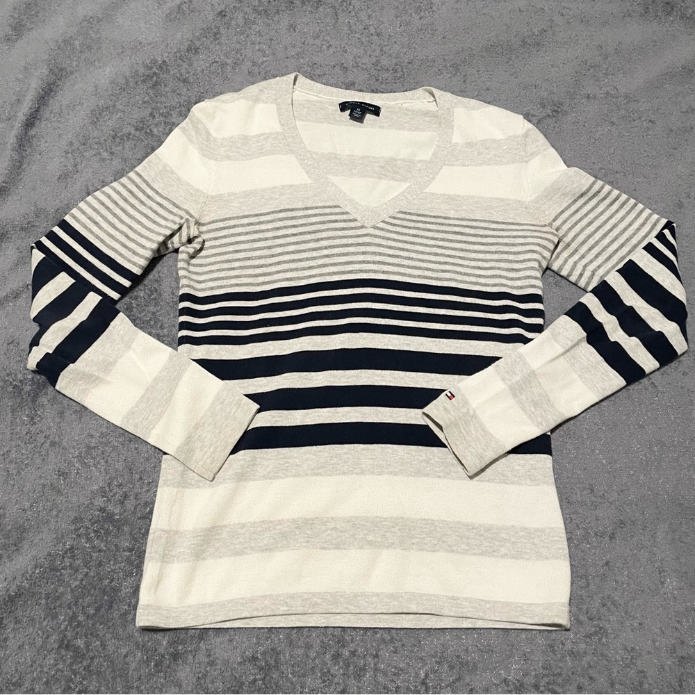 Tommy Hilfiger Womens White Logo Flag Cotton Long Sleeve Pullover Sweater Sz XS